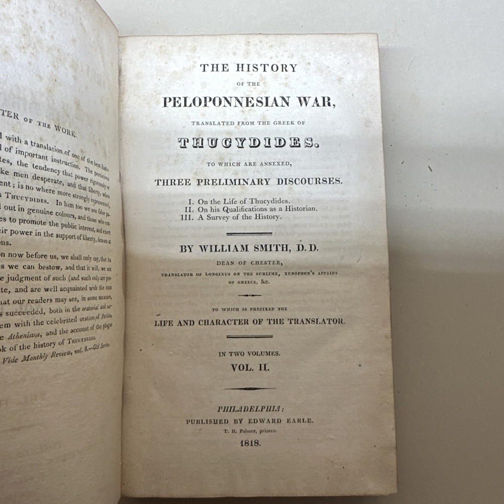 1818 Thucydides History of the Peloponnesian War Vol II William Smith Antique